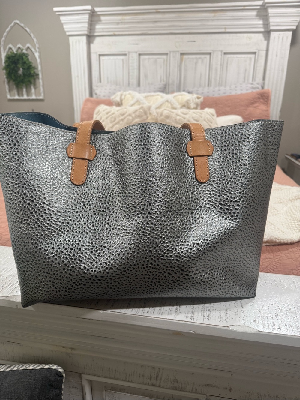 Consuela Pebbled Gray Tote with Tan Leather Straps
